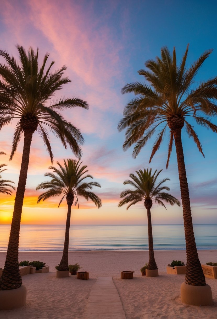 A serene beach at sunset with palm trees, a calm ocean, and a colorful sky in Agadir, Morocco