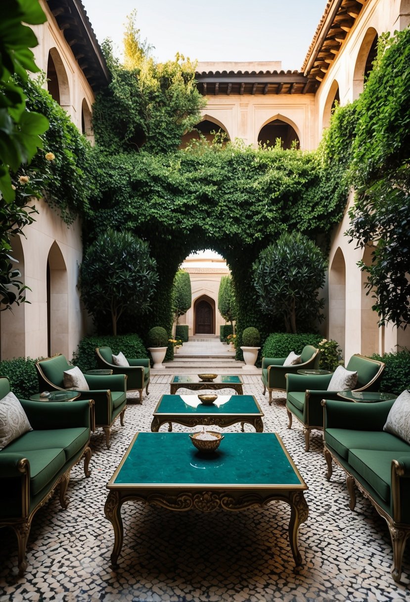 A serene courtyard with ornate coffee tables and lush greenery, nestled within the romantic setting of Al Khalil