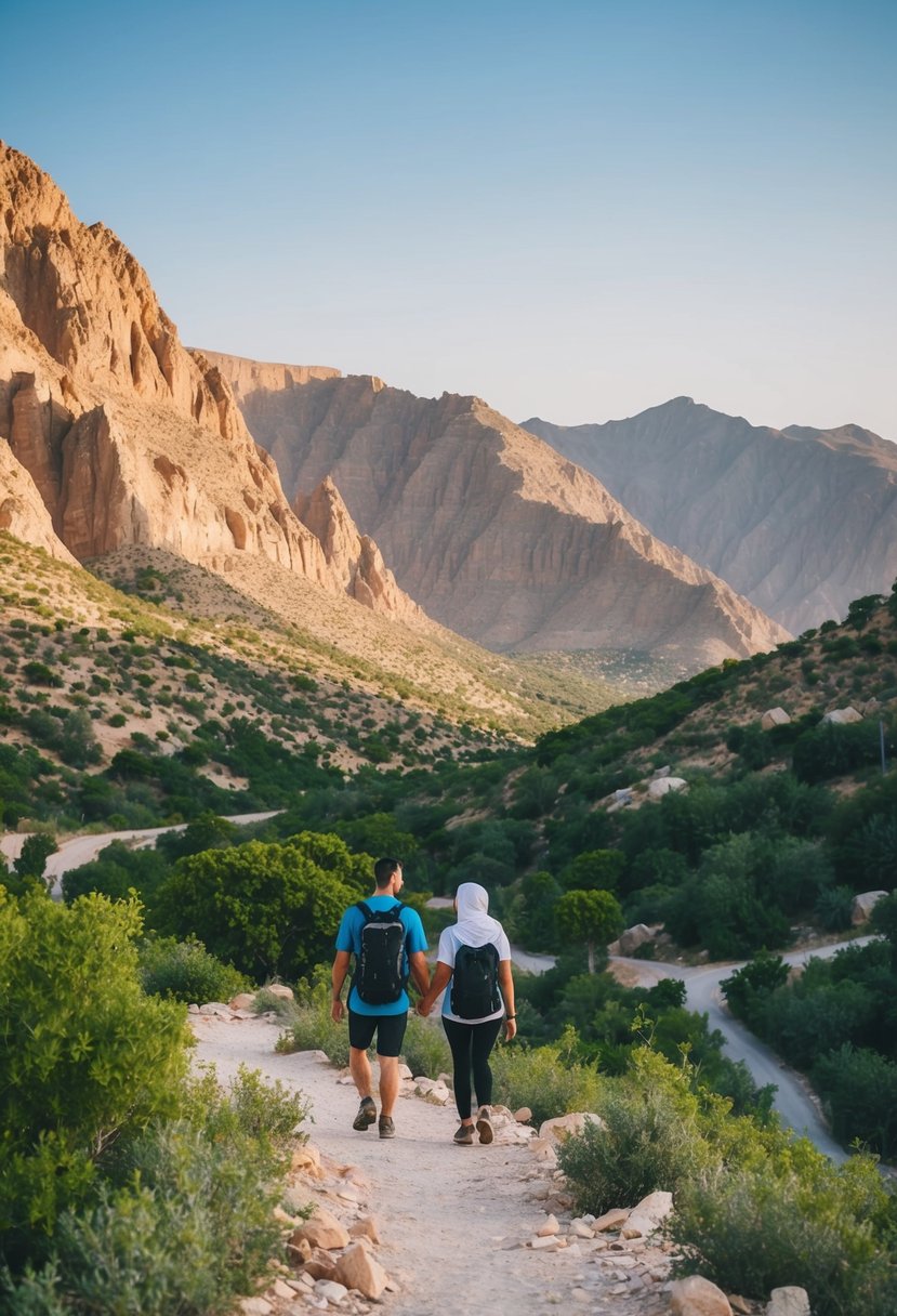 A couple hikes the scenic Jabal al-Nour in Makkah, surrounded by rugged mountains and lush greenery, perfect for a honeymoon destination