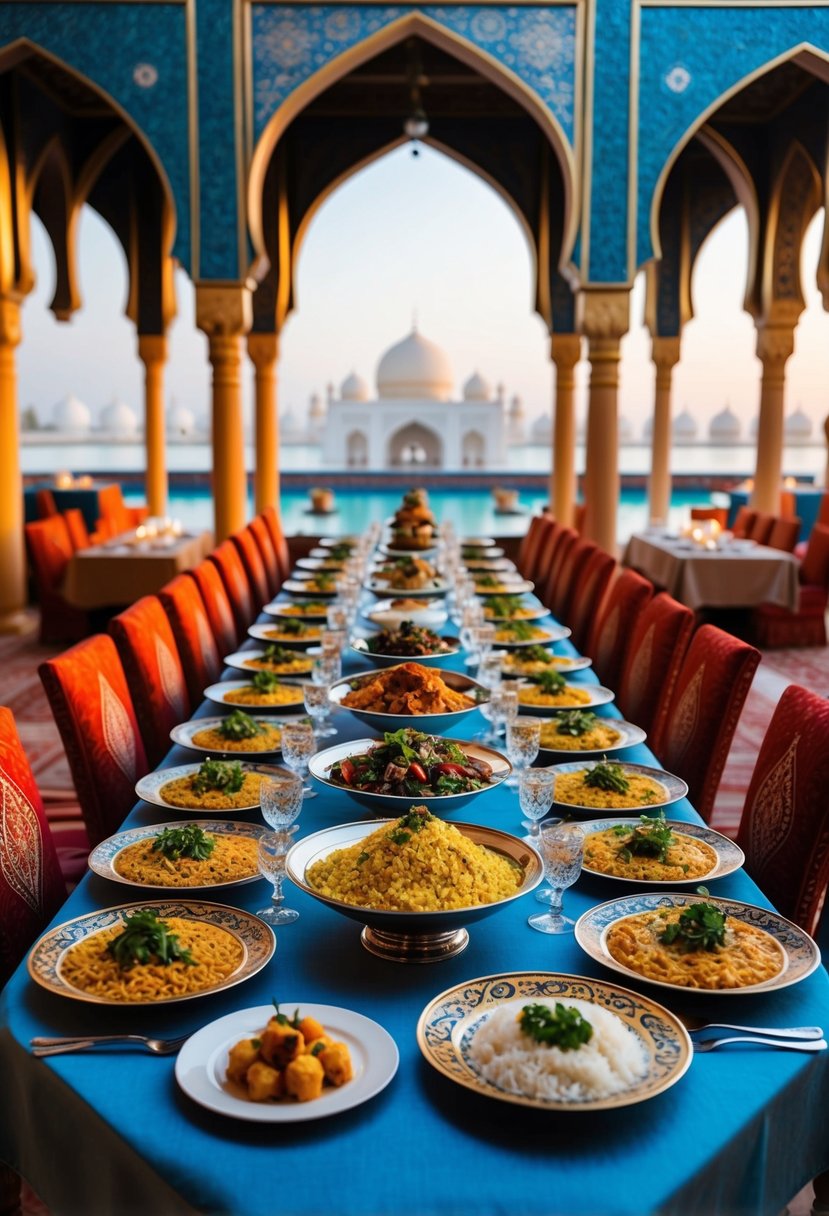 A table set with an array of traditional Arabian dishes in a luxurious honeymoon destination in Makkah. Rich colors and intricate patterns adorn the table and surroundings