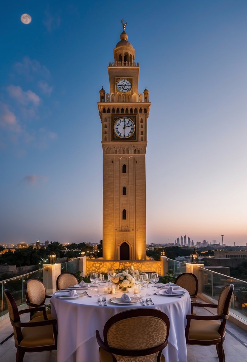 The Makkah Royal Clock Tower at dusk, overlooking a romantic dinner set up for a honeymoon couple with a stunning view of the city