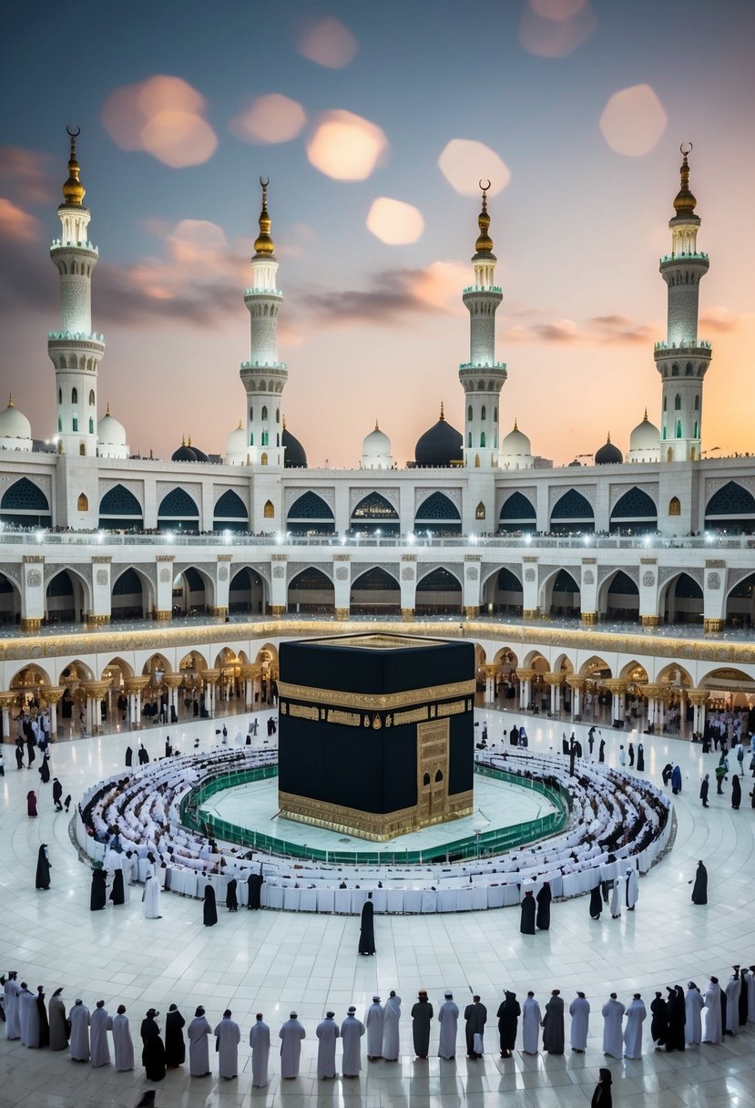 The Thowaf at Masjid Al-Haram in Makkah, with the Kaaba at the center, surrounded by pilgrims circling the sacred structure