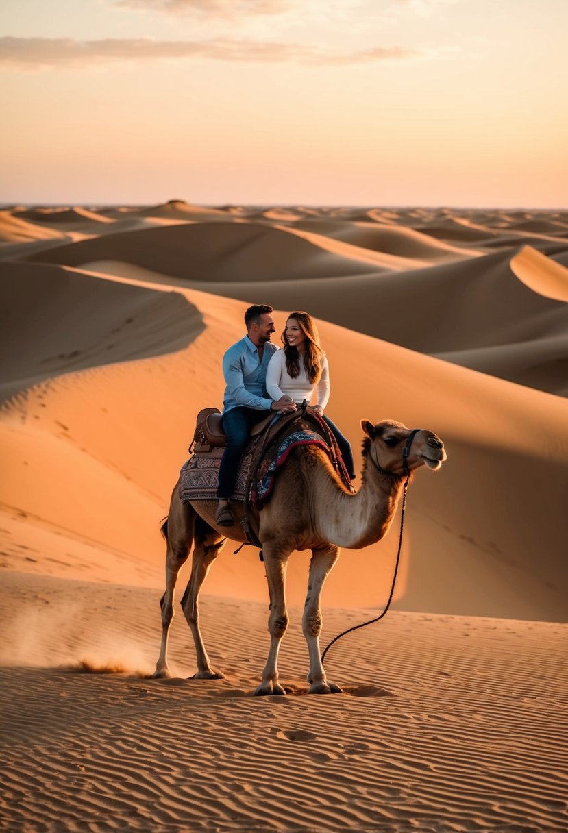 A couple rides a camel through the vast desert at sunset, with the golden sand dunes stretching out in all directions