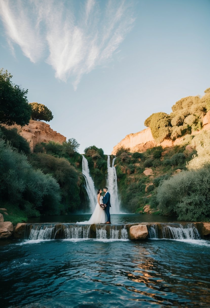 A couple stands at the edge of Ouzoud Waterfalls, surrounded by lush greenery and cascading water, creating a romantic and picturesque honeymoon destination in Morocco