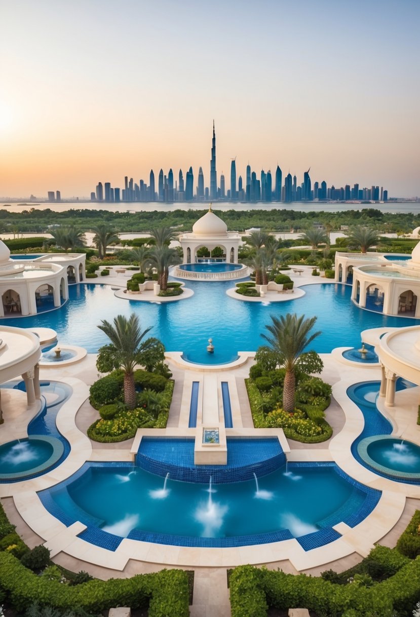 A serene and opulent spa with panoramic views of the Makkah skyline, featuring luxurious pools, soothing water features, and lush greenery