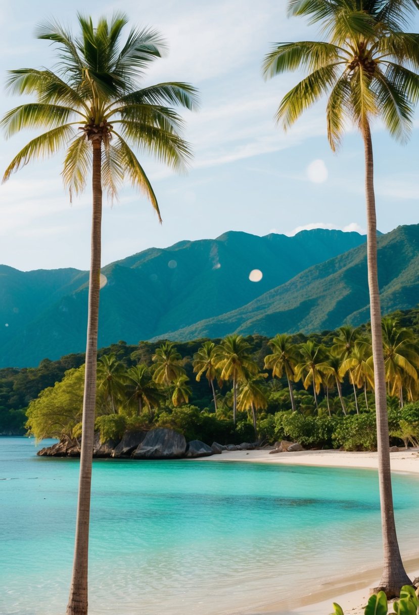 A serene beach with crystal clear waters and palm trees, set against a backdrop of lush green mountains