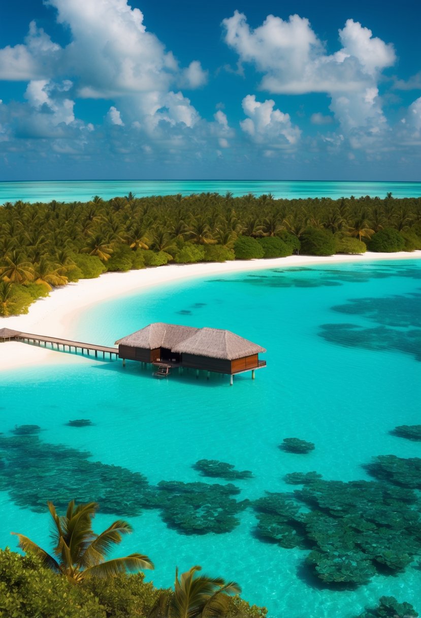 A serene overwater bungalow on a crystal-clear lagoon in the Maldives, surrounded by lush tropical greenery and vibrant coral reefs