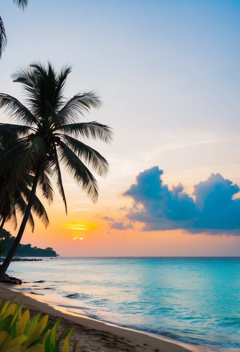 A serene beach in Sri Lanka, with palm trees, clear blue water, and a colorful sunset, perfect for a honeymoon getaway