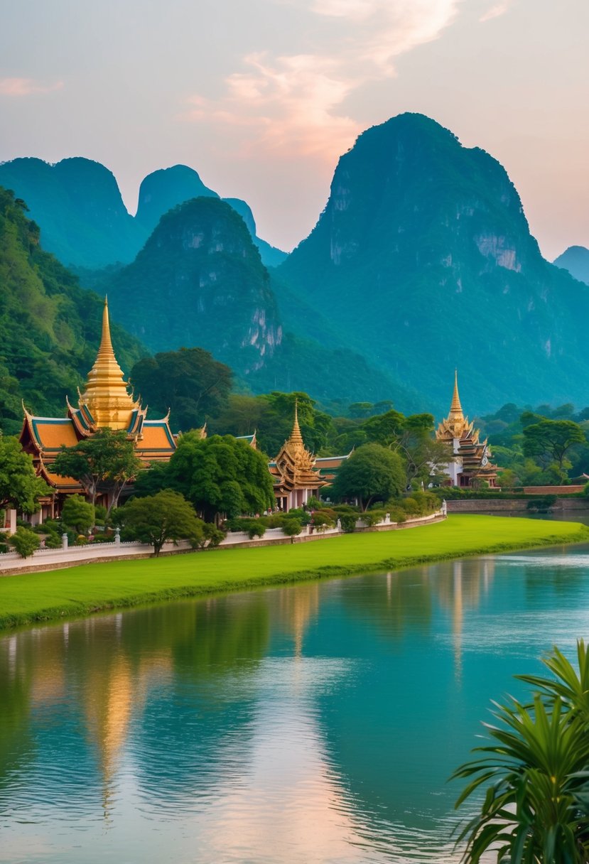 A serene Chiang Mai landscape with lush green mountains, a tranquil river, and traditional Thai architecture
