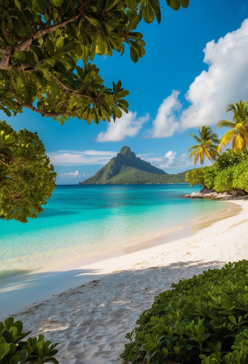 A serene beach in Seychelles with turquoise waters and lush greenery, perfect for a romantic honeymoon getaway