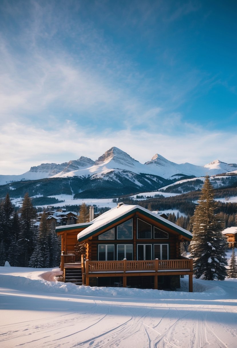 A cozy cabin nestled in the snowy mountains of Montana, with a majestic view of Big Sky Resort under a clear blue sky