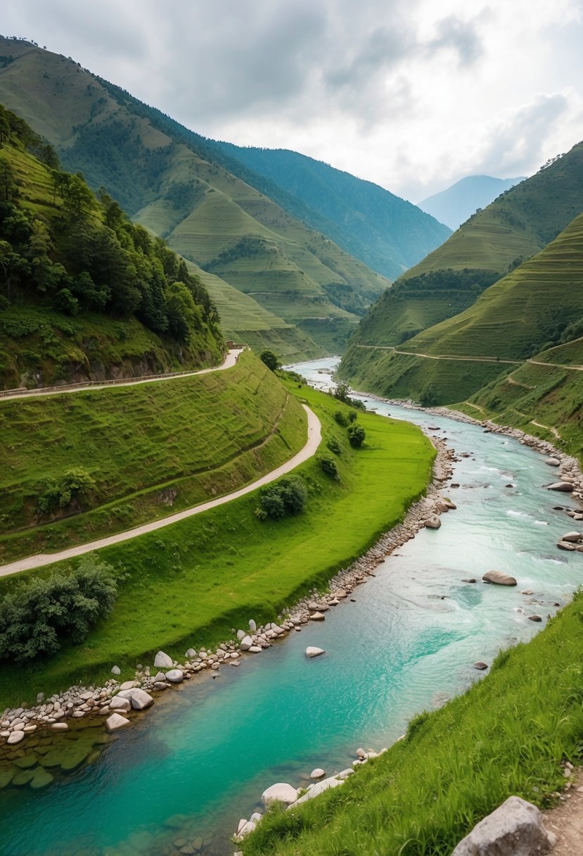 A serene valley in Bhutan's Paro region, with lush greenery, rolling hills, and a clear, winding river, perfect for a romantic honeymoon getaway