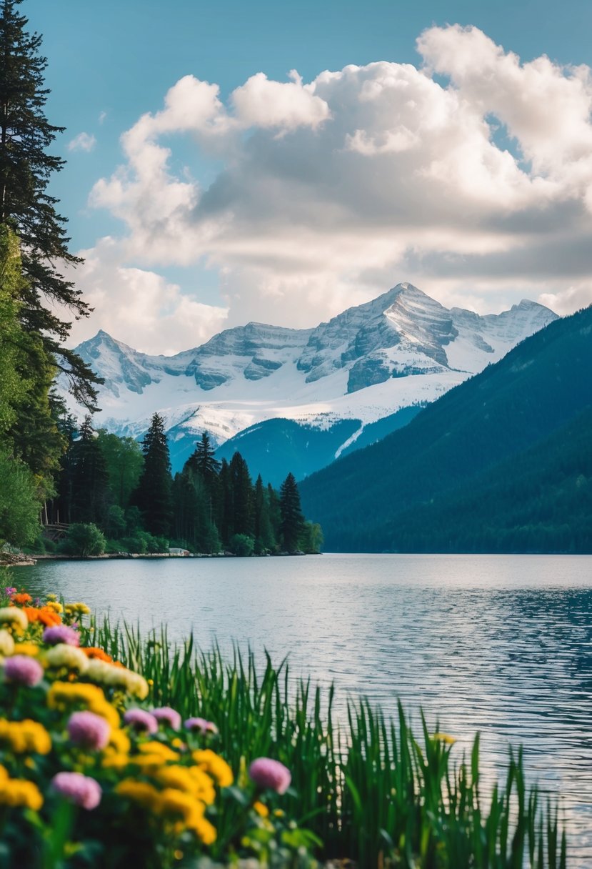 A serene lakeside view with snow-capped mountains in the distance, surrounded by lush greenery and colorful flowers