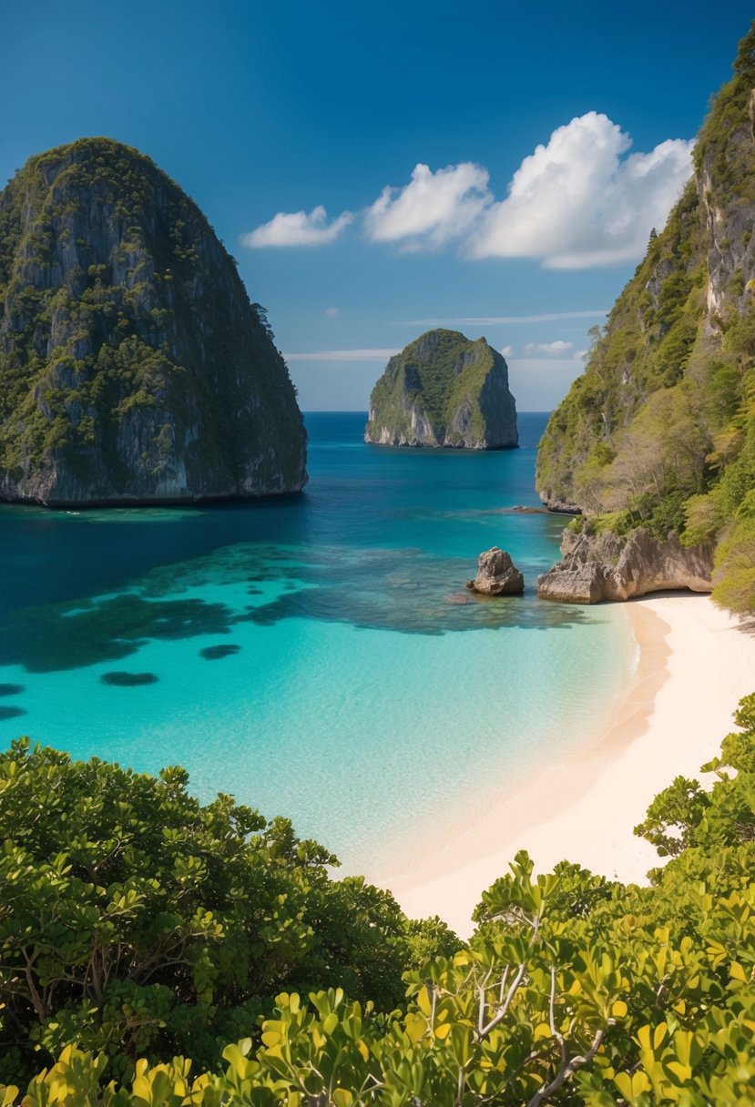 A serene beach with crystal-clear waters and lush greenery, surrounded by towering cliffs and colorful coral reefs