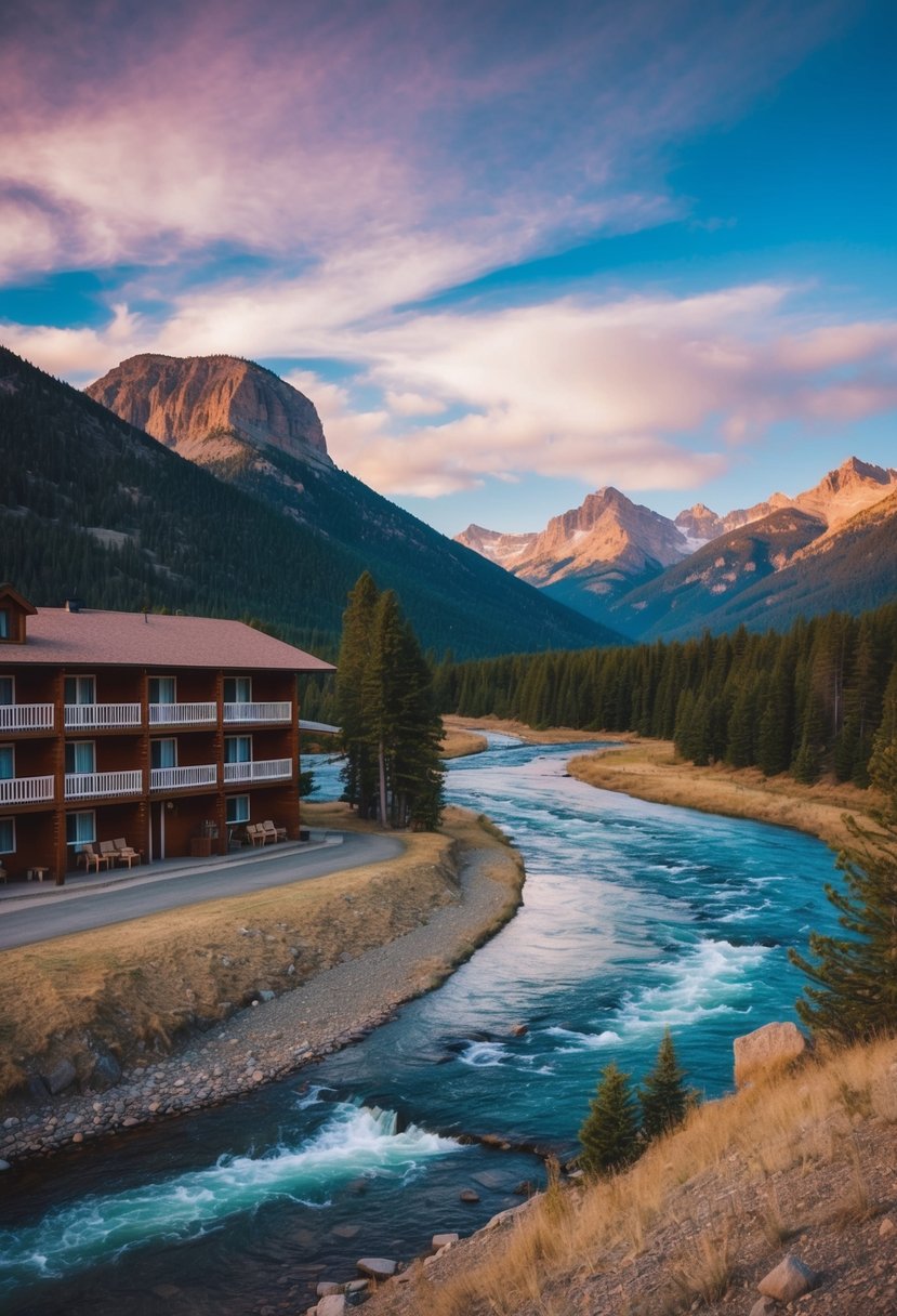 A cozy, rustic motel nestled in the mountains with a winding river nearby and a breathtaking view of the Montana wilderness