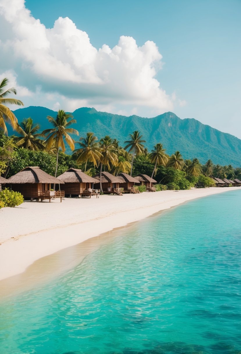 A serene beach with turquoise waters, palm trees, and traditional Balinese huts nestled along the coastline, with a backdrop of lush green mountains