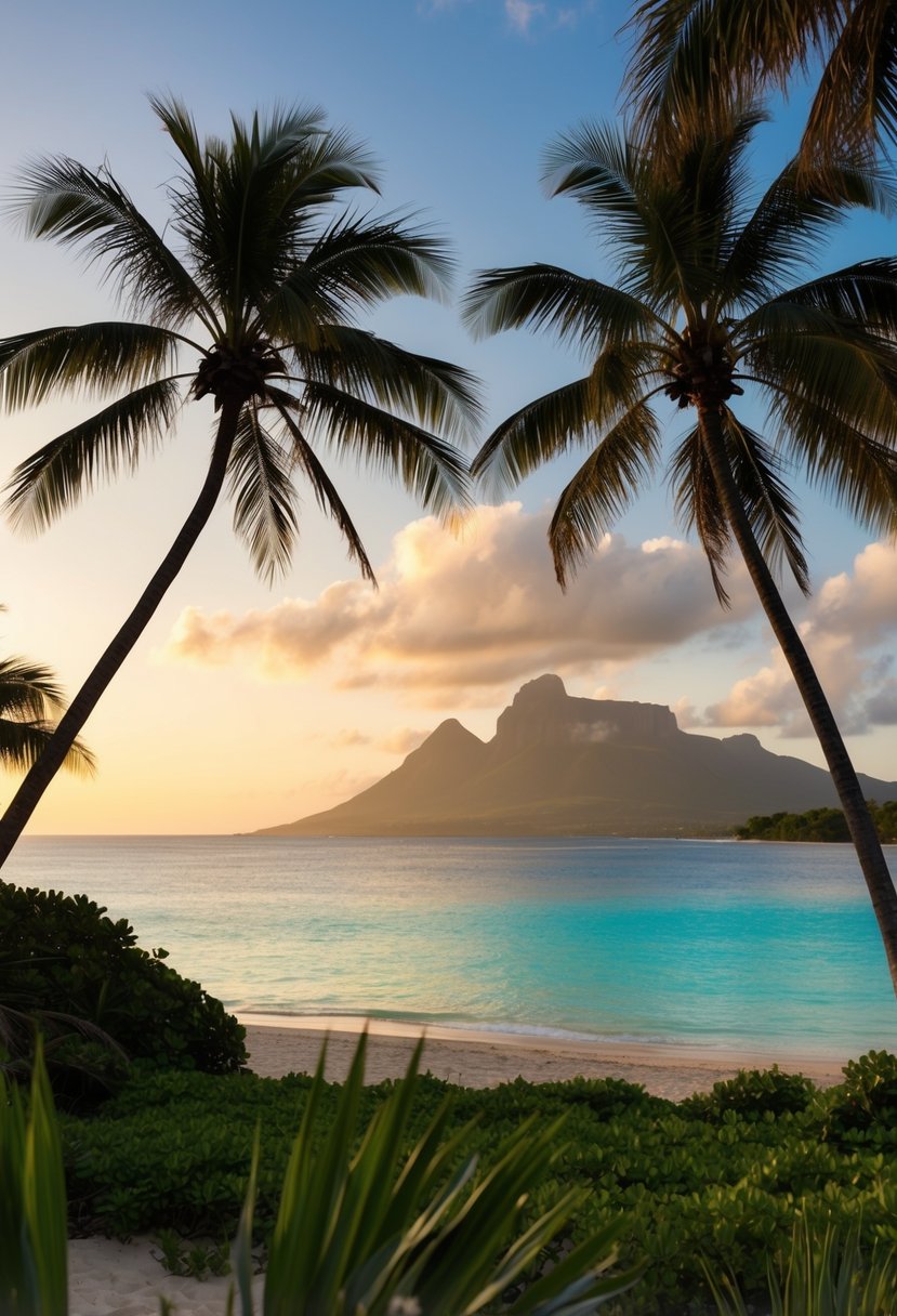 A secluded beach in Mauritius with crystal-clear water and lush greenery, surrounded by palm trees and a stunning sunset