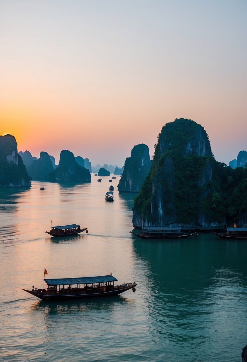 A serene Halong Bay sunset with limestone karsts and traditional Vietnamese boats