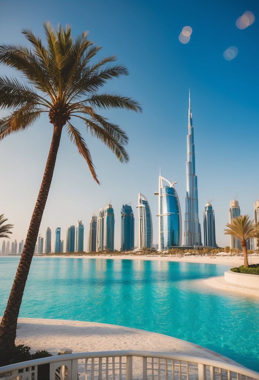 A luxurious beach resort in Dubai, with palm trees, clear blue water, and a stunning view of the city skyline in the background