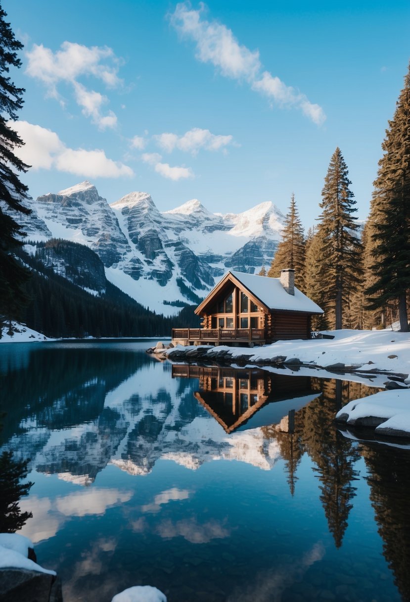 A cozy cabin nestled in the snowy mountains, overlooking a pristine lake with a backdrop of pine trees and a clear blue sky