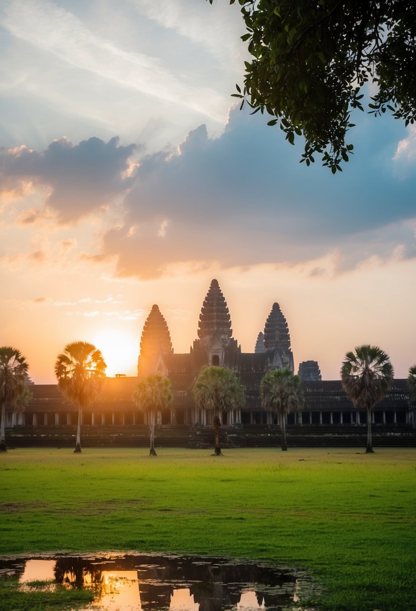 A serene sunrise over the ancient temple complex of Angkor Wat in Cambodia, with lush greenery and a tranquil atmosphere