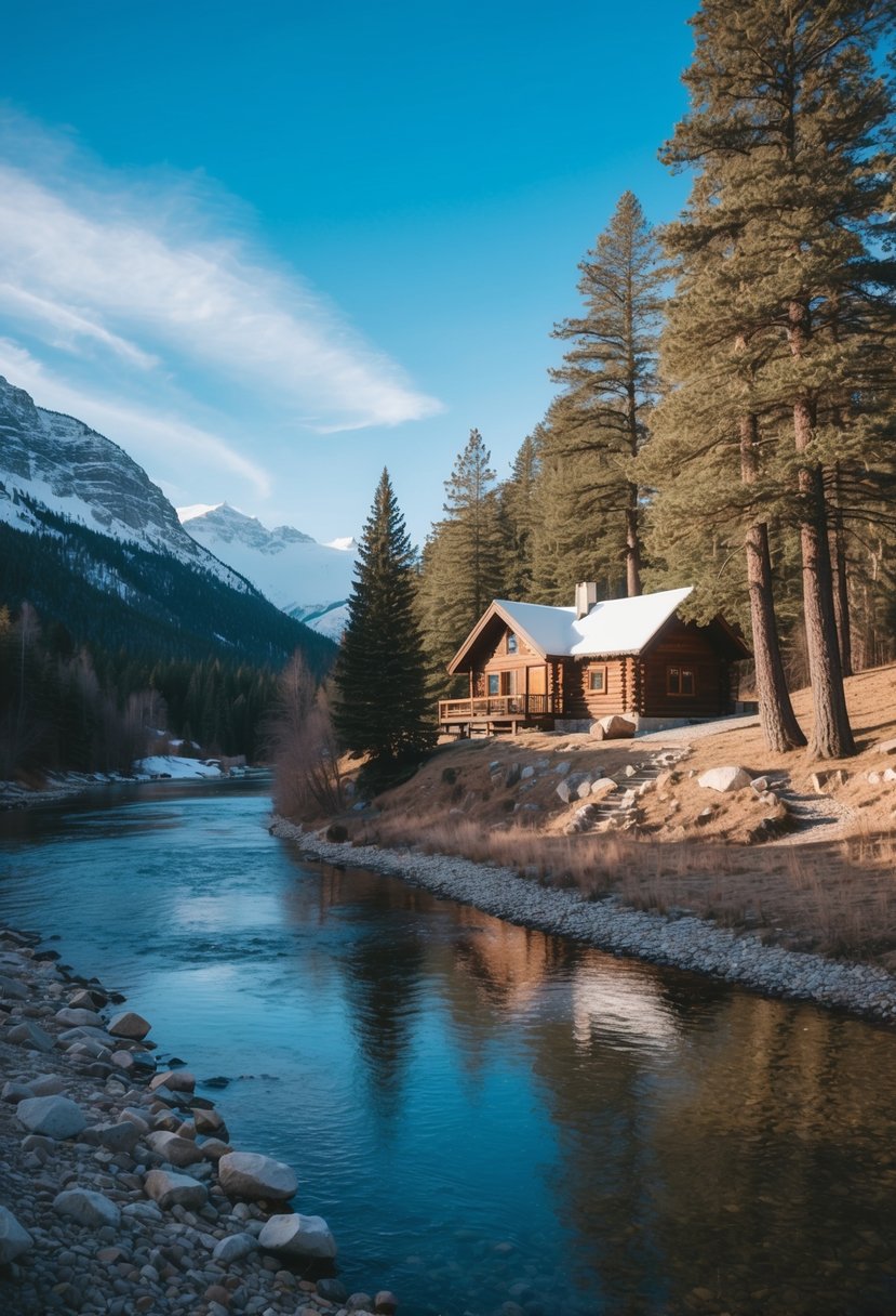 A cozy cabin nestled among pine trees by a tranquil river, with a backdrop of snow-capped mountains and a clear blue sky