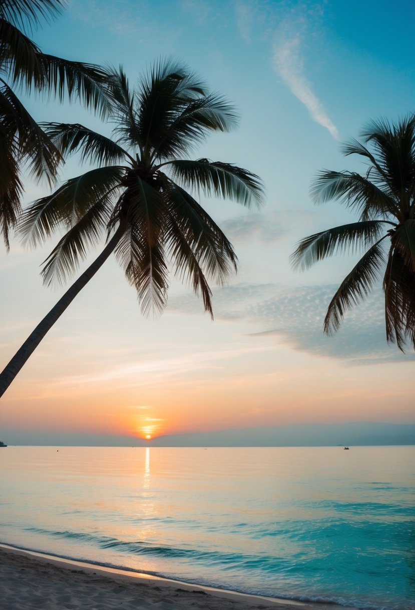 A serene beach with palm trees, clear blue water, and a picturesque sunset in the background, perfect for a Singapore honeymoon destination