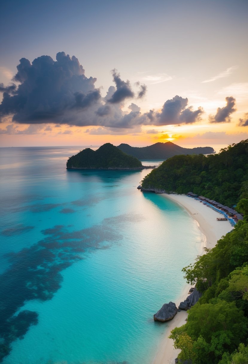 A serene beach at Langkawi, Malaysia, with crystal-clear waters, lush greenery, and a stunning sunset over the horizon