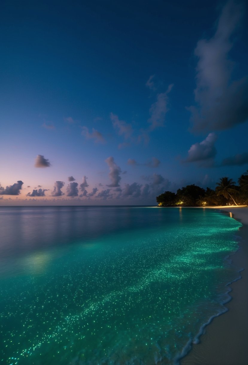 Bioluminescent plankton lighting up the shore of Vaadhoo Island at night