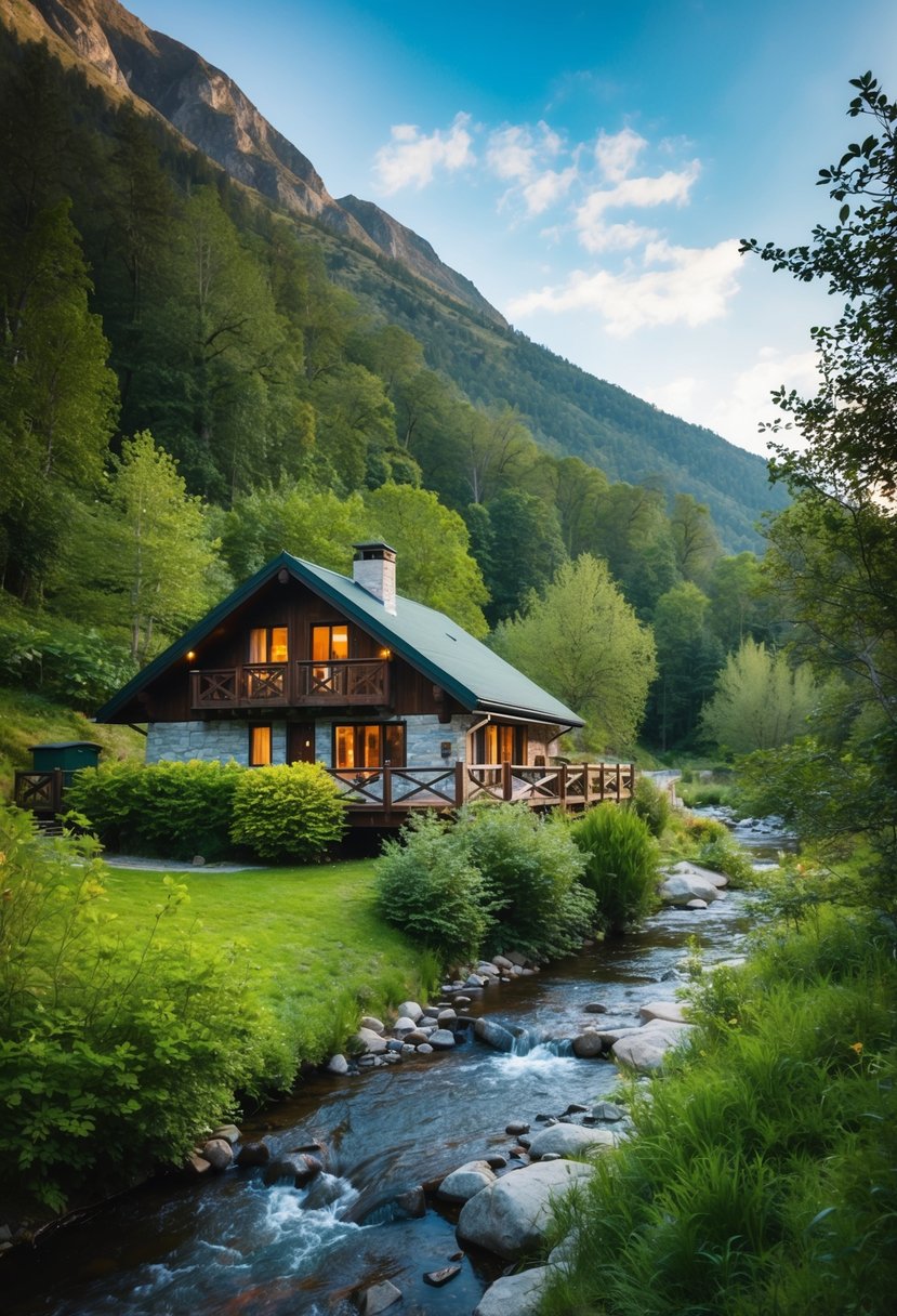 A cozy cabin nestled in the mountains, surrounded by lush greenery and a tranquil river running through the property
