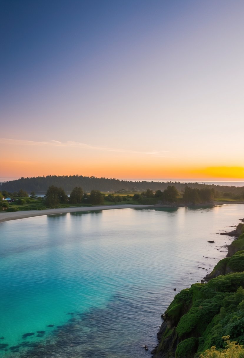 A serene beach at San Juan Islands, Washington with crystal clear water, lush greenery, and a stunning sunset casting a warm glow over the landscape