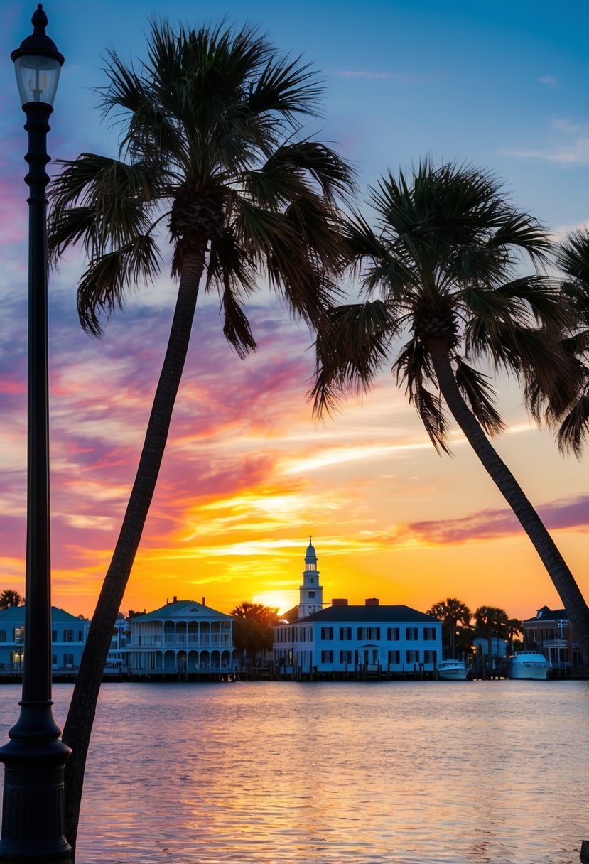 A romantic sunset over the historic waterfront of Charleston, South Carolina, with palm trees swaying and a colorful sky reflecting in the calm waters