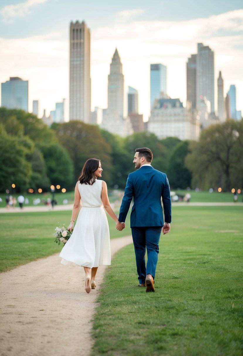 A couple strolling hand in hand through Central Park with the city skyline in the background