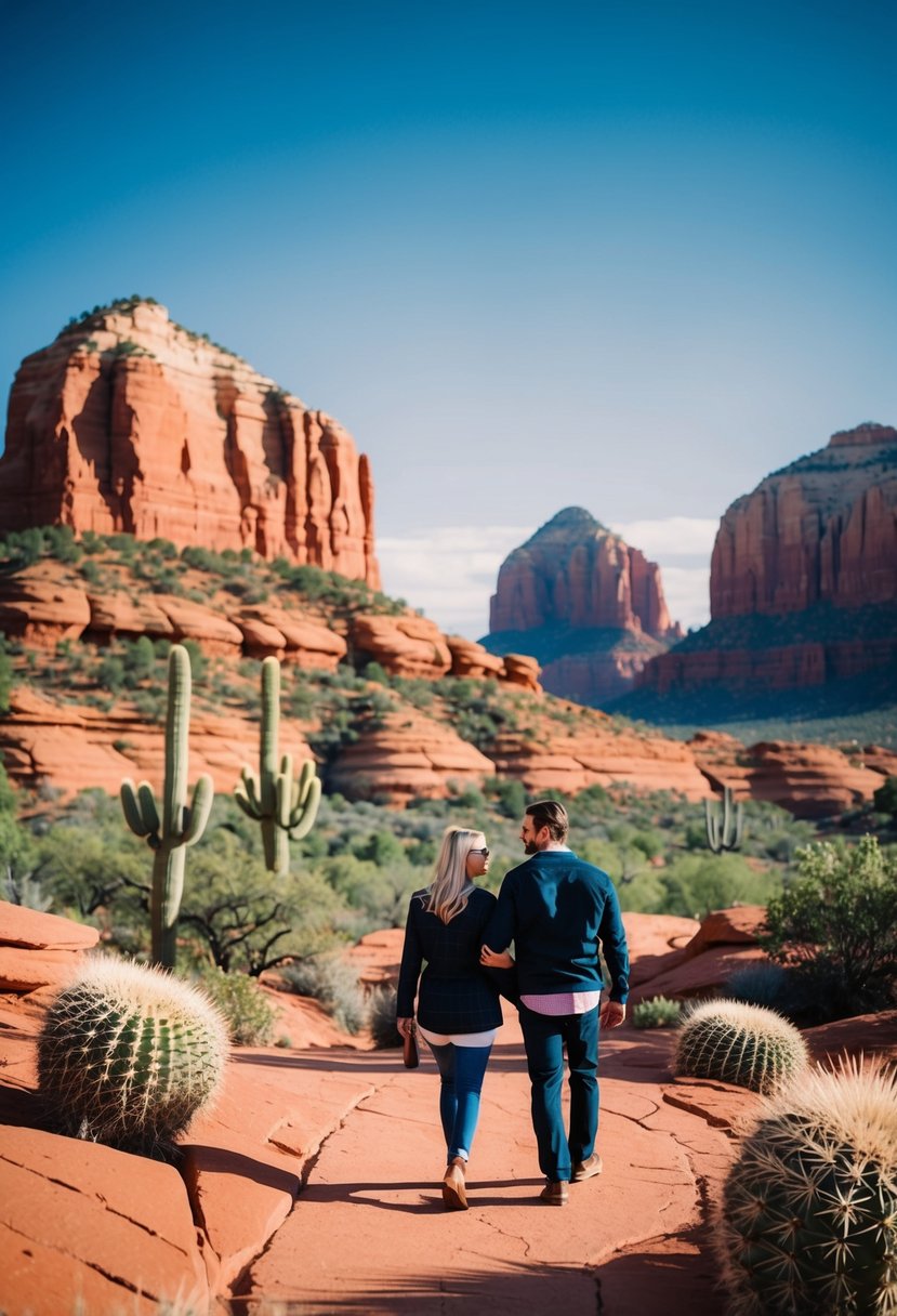 A couple strolling through the red rock formations of Sedona, Arizona, with a backdrop of clear blue skies and cacti