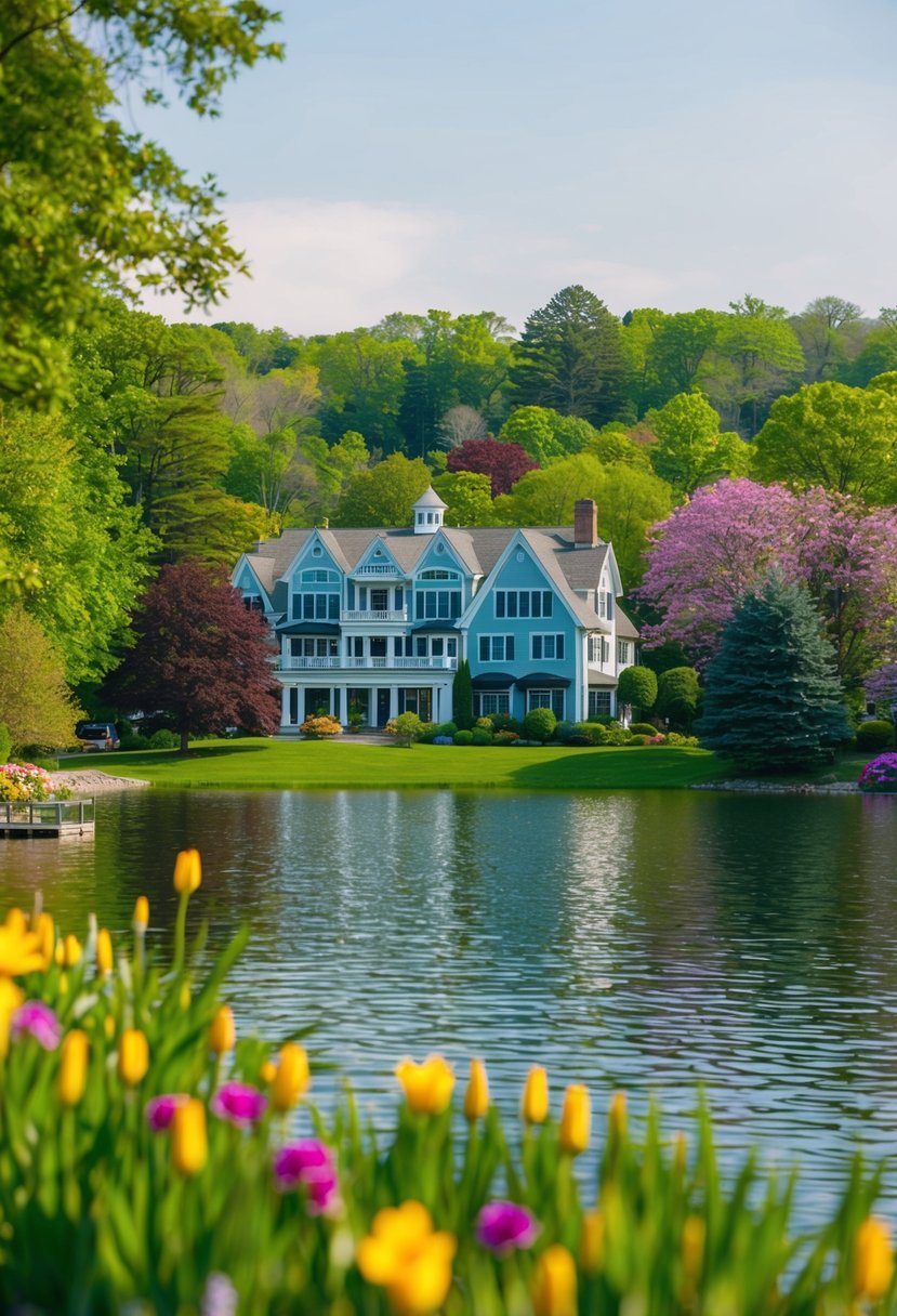A serene lakeside view with a charming inn and spa nestled among lush greenery and blooming flowers in Skaneateles, New York
