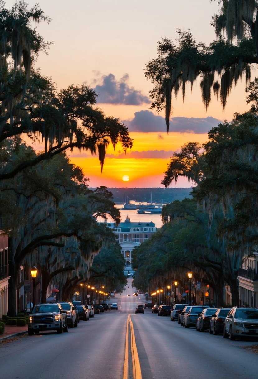 A serene sunset over the historic city of Savannah, Georgia, with its iconic oak trees and Spanish moss lining the streets
