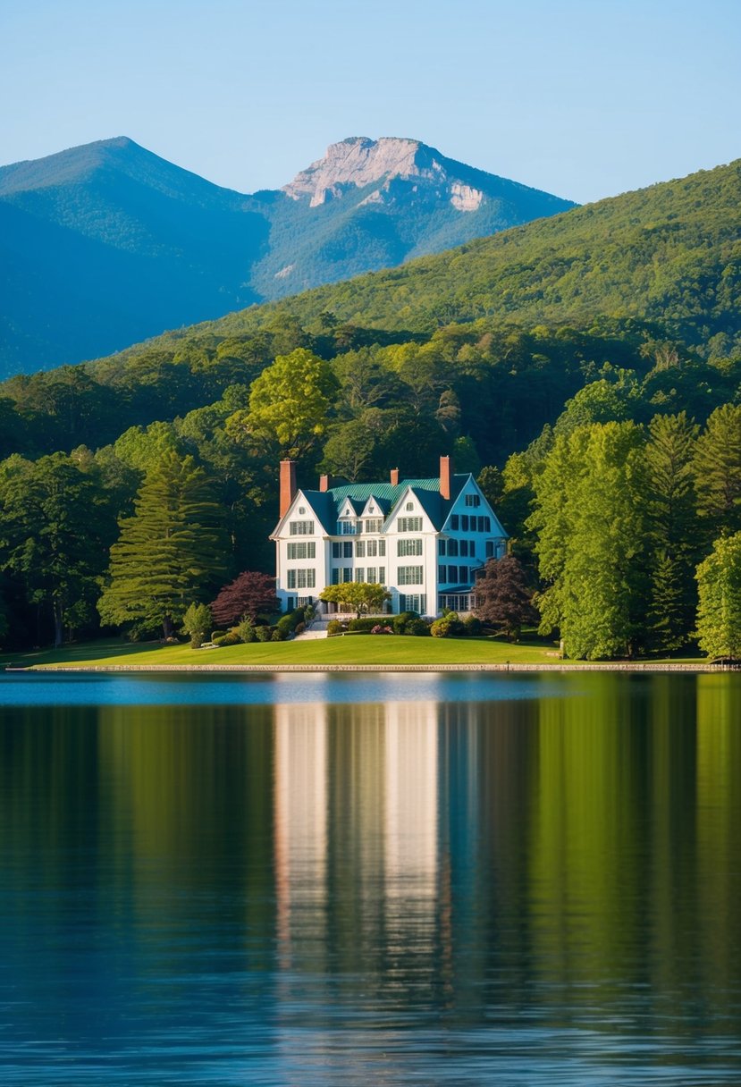 A serene lakeside view of Mohonk Mountain House, surrounded by lush greenery and towering mountains under a clear blue sky