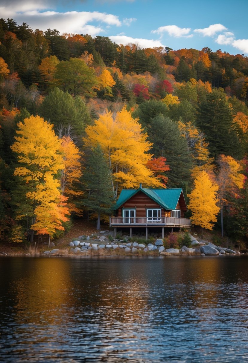 A cozy cabin nestled among the vibrant autumn foliage, overlooking the serene waters of Saranac Lake