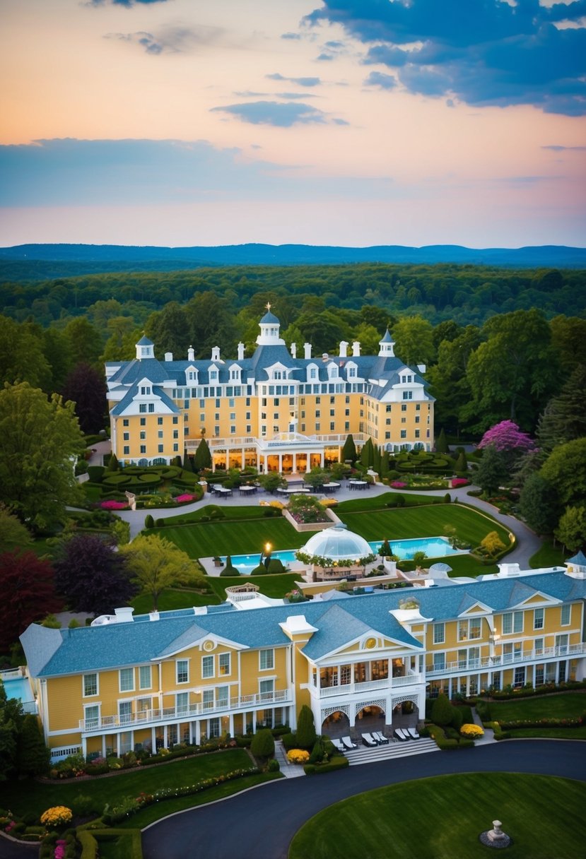 The Gideon Putnam Resort & Spa in Saratoga Springs, New York, features a picturesque landscape with a grand hotel, lush gardens, and a serene spa