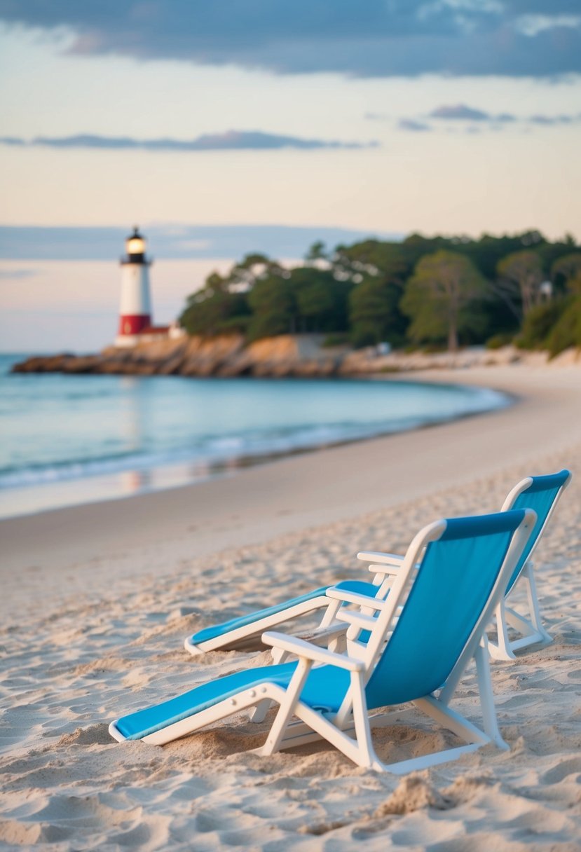 A serene beach at Martha's Vineyard, with a picturesque lighthouse in the distance and a couple of beach chairs nestled in the soft sand