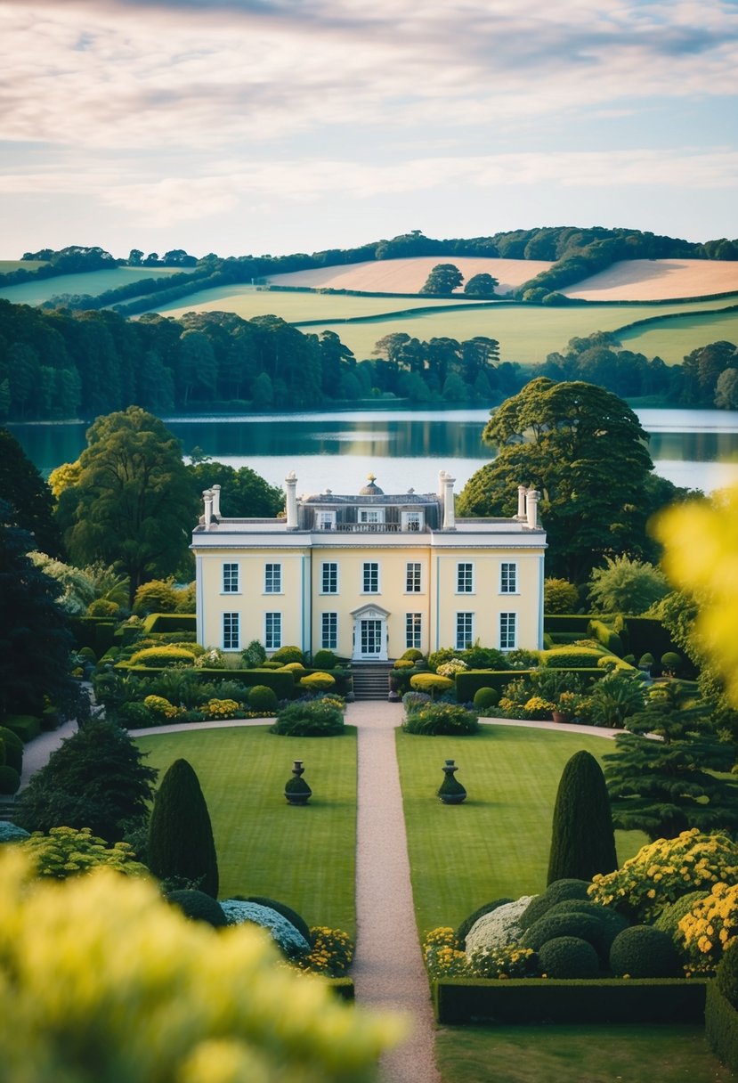 A grand mansion nestled in lush gardens, with a serene lake and rolling hills in the background