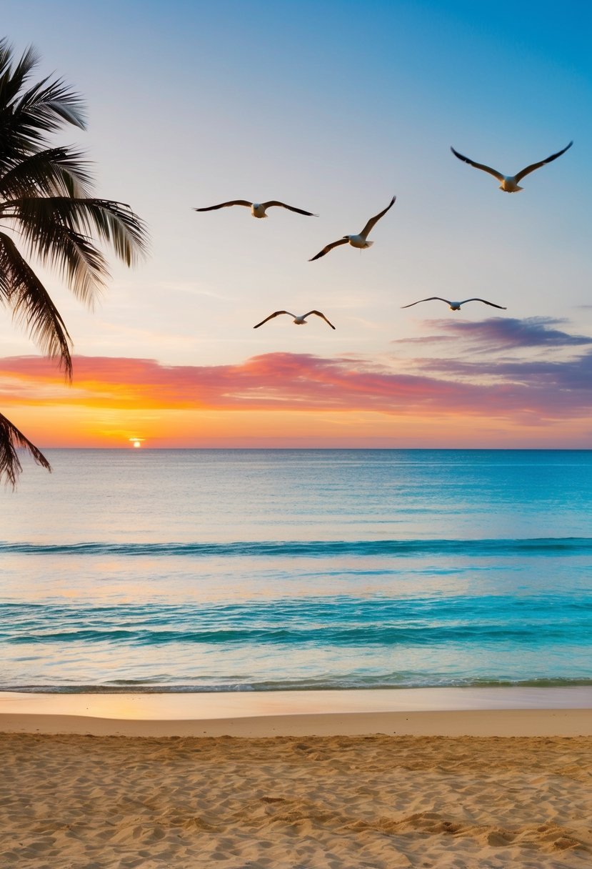 A serene beach with clear blue waters, golden sands, and a colorful sunset over the horizon. Palm trees sway gently in the breeze, while seagulls fly overhead