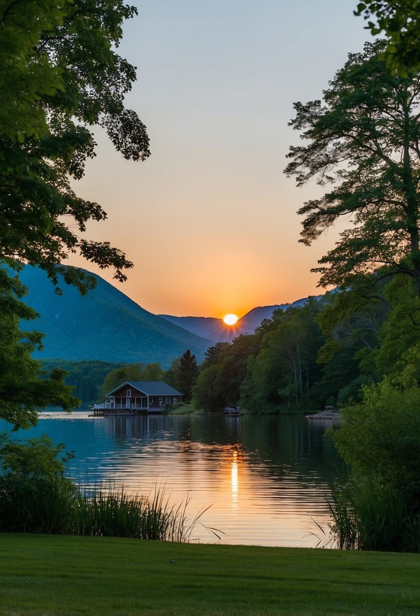 A serene lakeside cabin nestled in the lush greenery of the Roxbury, New York. The sun sets behind the mountains, casting a warm glow over the tranquil waters
