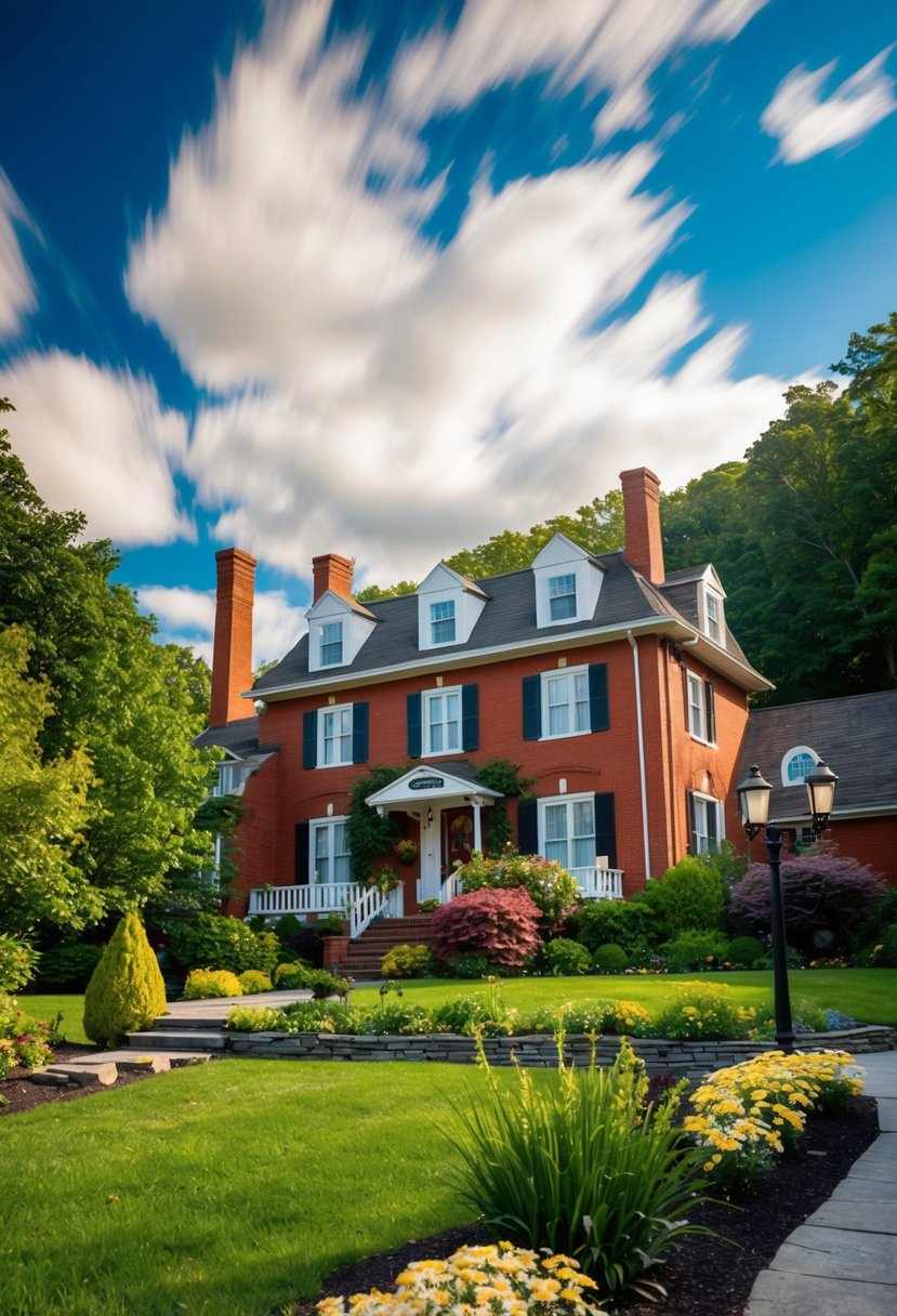 A charming inn nestled near Niagara Falls, with a red-brick exterior and a picturesque garden, a popular honeymoon destination in New York