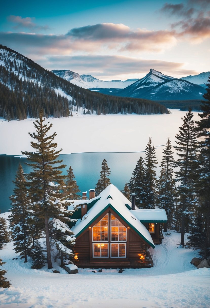 A cozy cabin nestled among snowy pines at Whiteface Lodge, with a frozen lake and mountains in the background