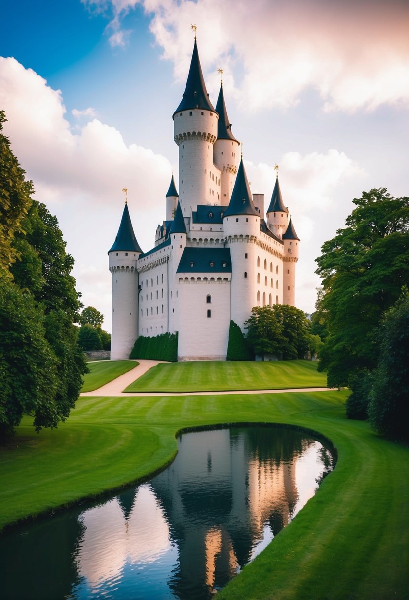 A grand castle nestled in lush greenery, with turrets reaching towards the sky and a tranquil moat surrounding the majestic structure