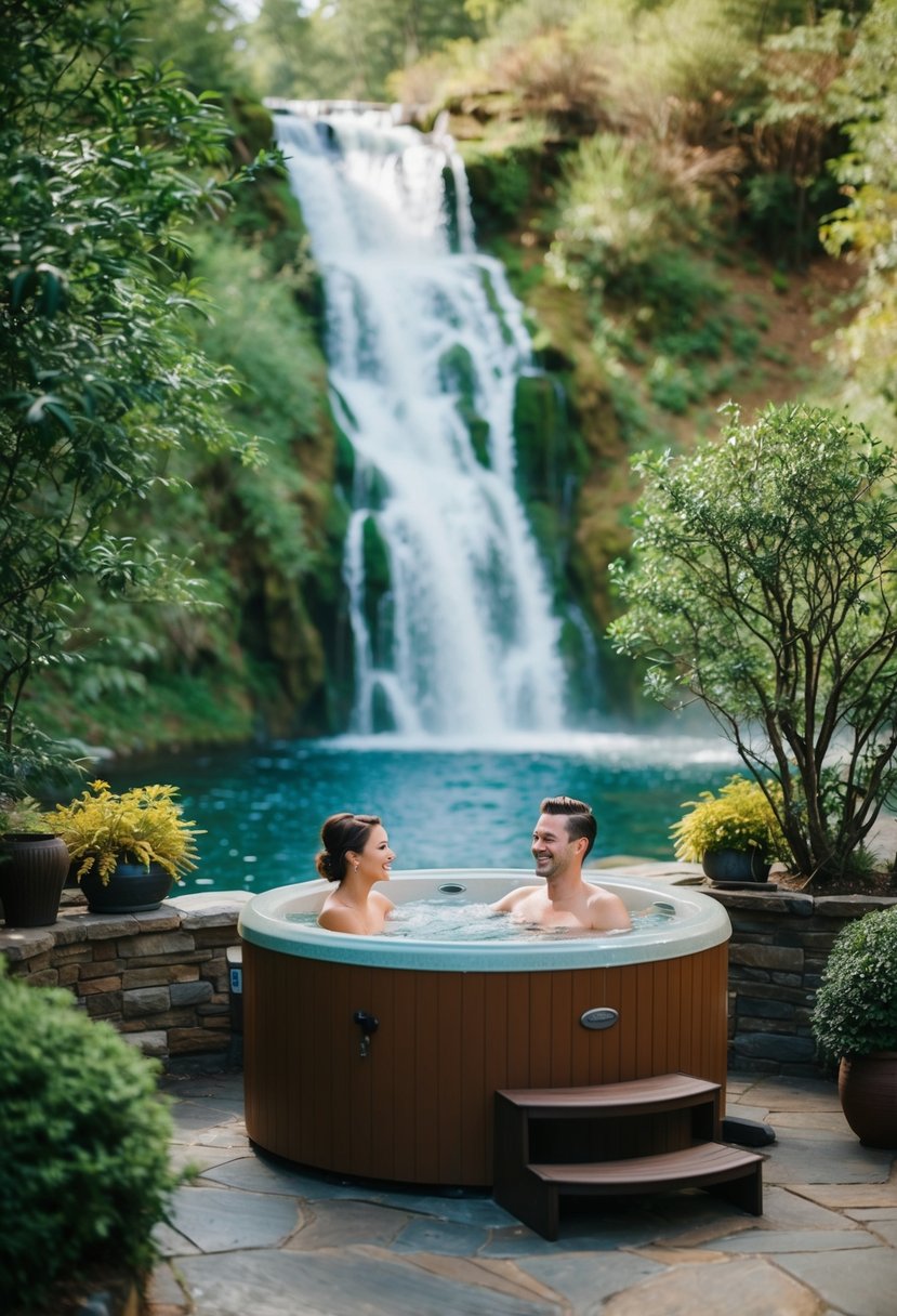 A couple enjoys a private outdoor hot tub at Buttermilk Falls Inn & Spa, surrounded by lush greenery and cascading waterfalls
