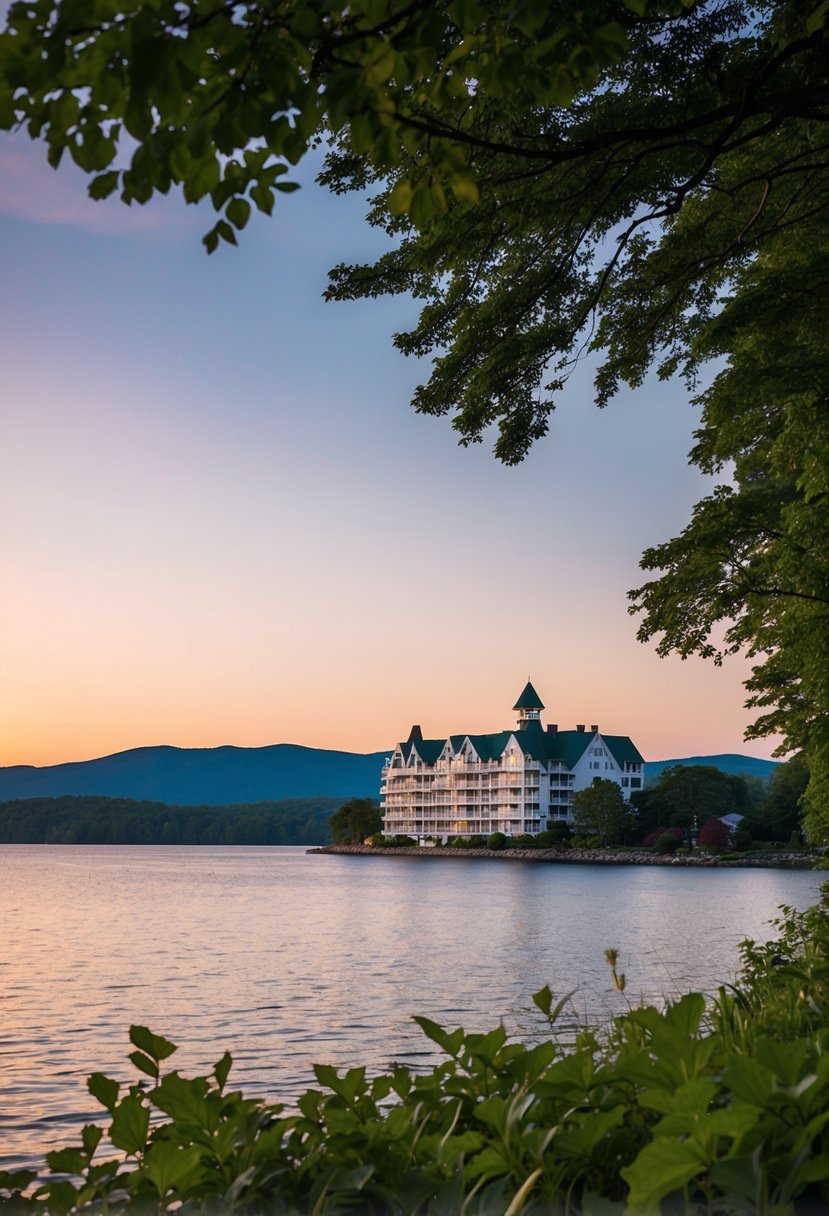 A serene sunset over Lake George, with the iconic Sagamore Resort nestled among lush greenery and the Adirondack Mountains in the background