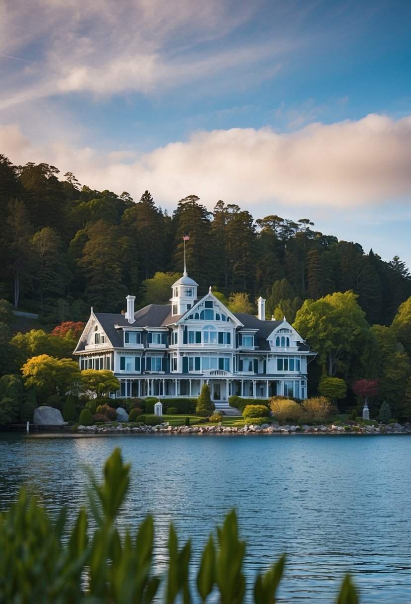 A picturesque lakeside inn with a grand Victorian facade nestled among lush greenery and overlooking the tranquil waters of Lake George