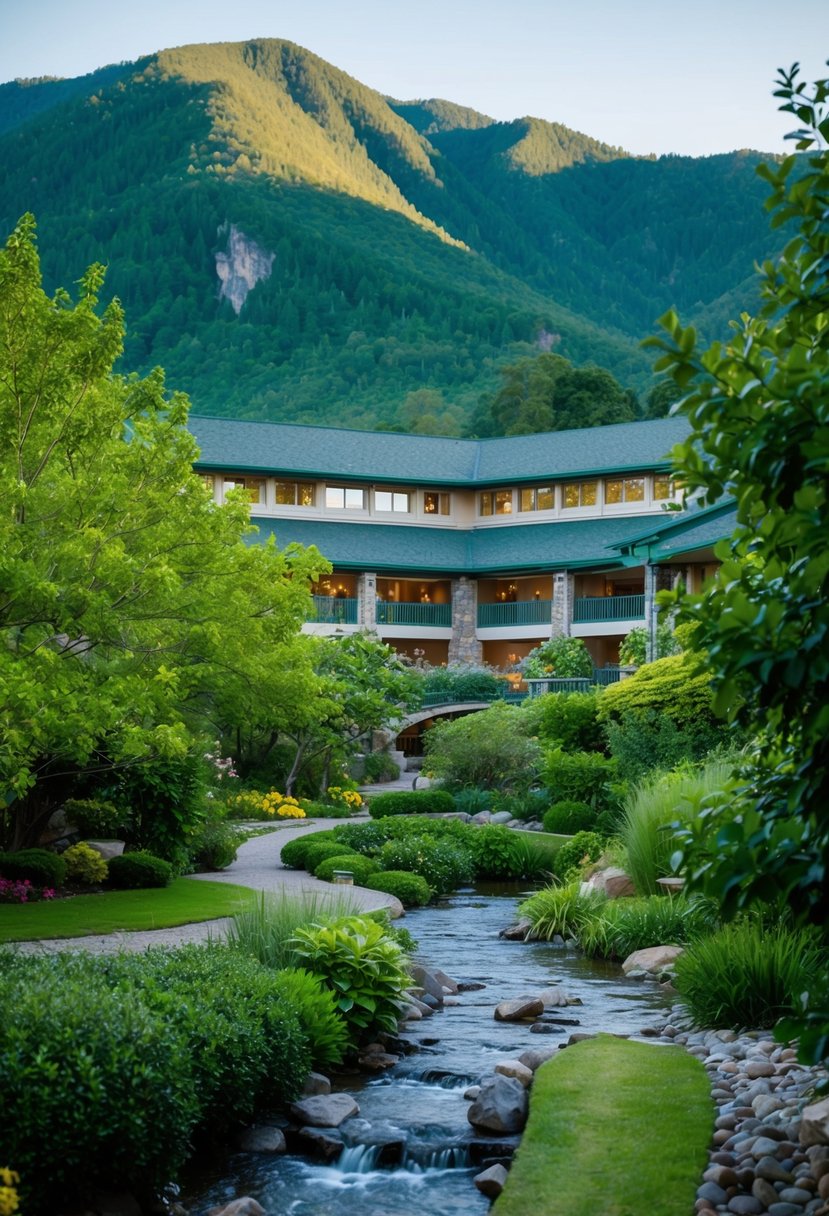 Lush greenery surrounds a serene spa and resort nestled in the mountains, with a tranquil stream flowing through the grounds